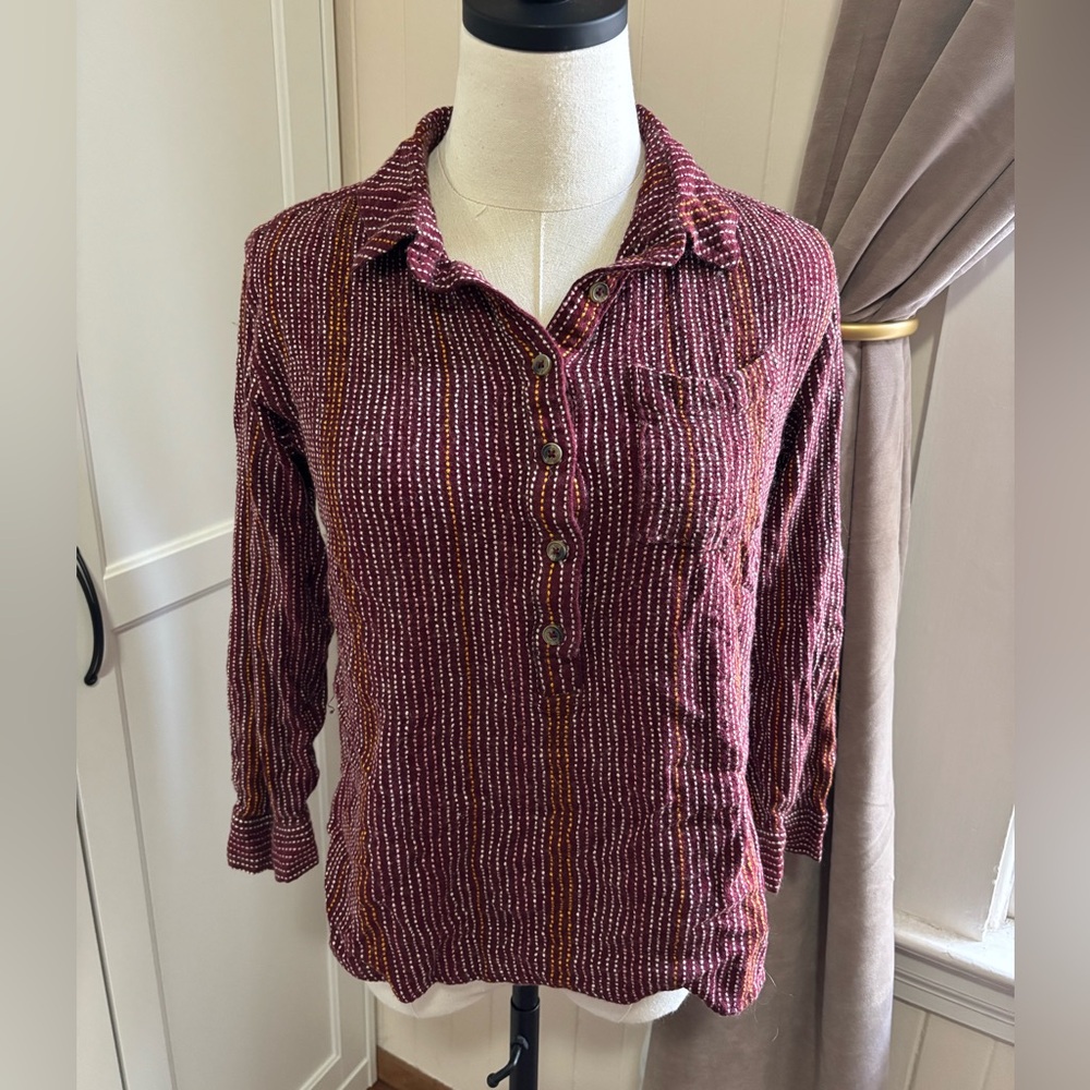 By Anthropologie Isadora Button Back Striped Tunic Maroon Wool Blend